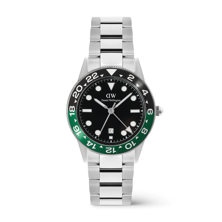 Daniel Wellington Iconic GMT Link Black Green Ceramic Bezel Silver | The Jewellery Boutique