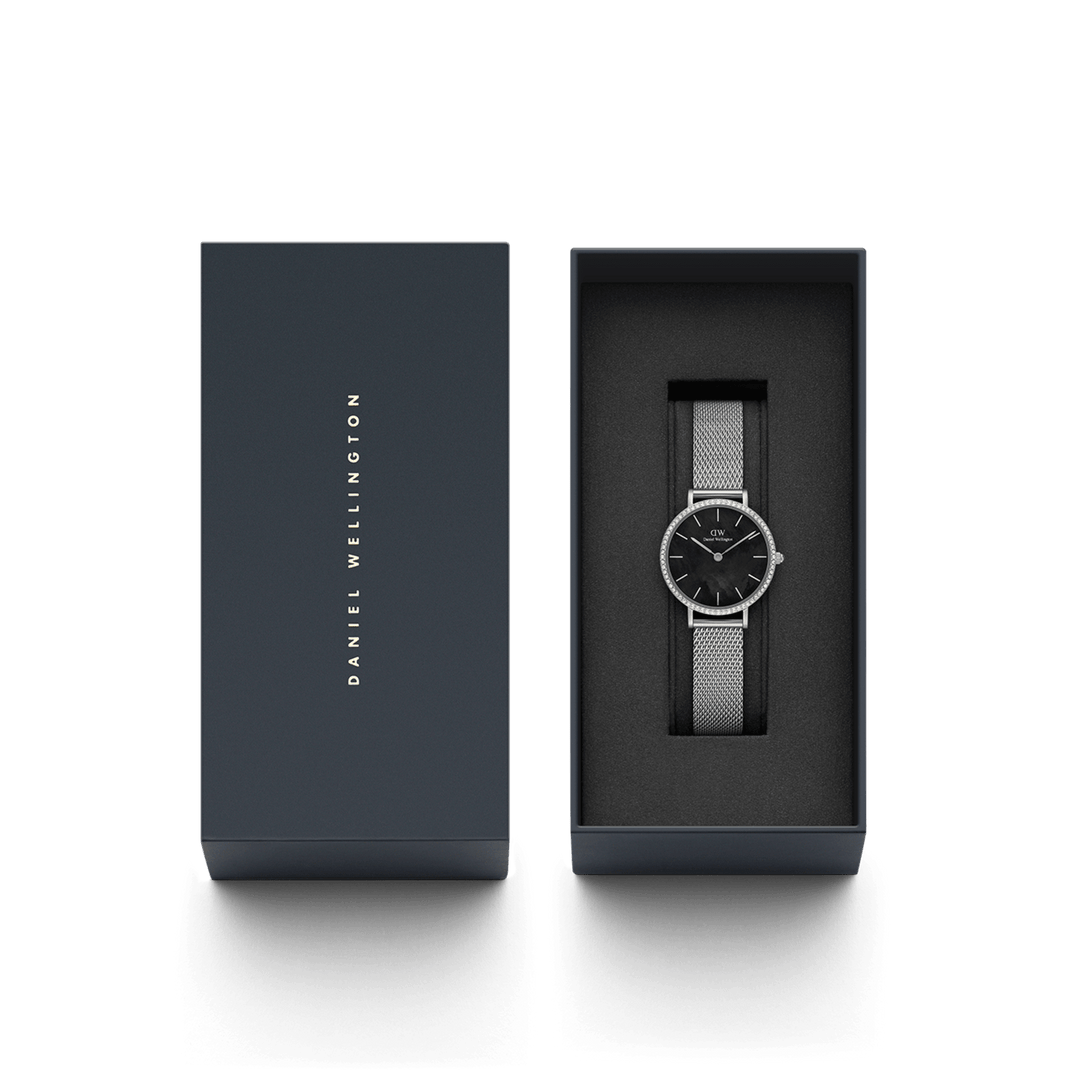Daniel Wellington Petite 28 Bezel Mesh Black Mother of Pearl Silver Watch