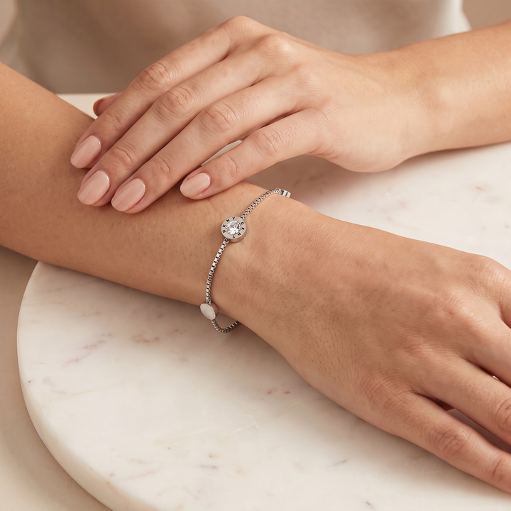 DKNY 3 Sliders Silver Bracelet worn on wrist