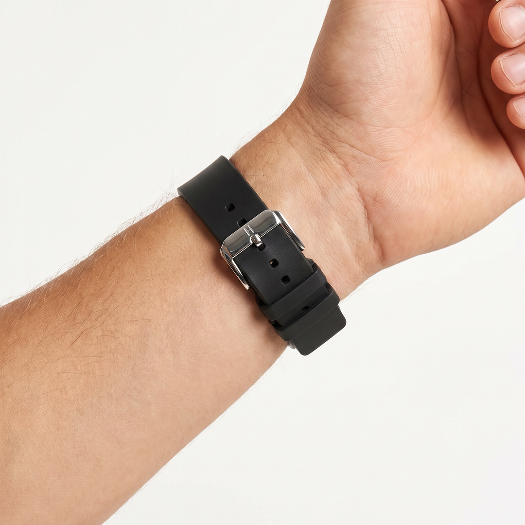 Pure Black Natural Rubber Watch Band worn on wrist