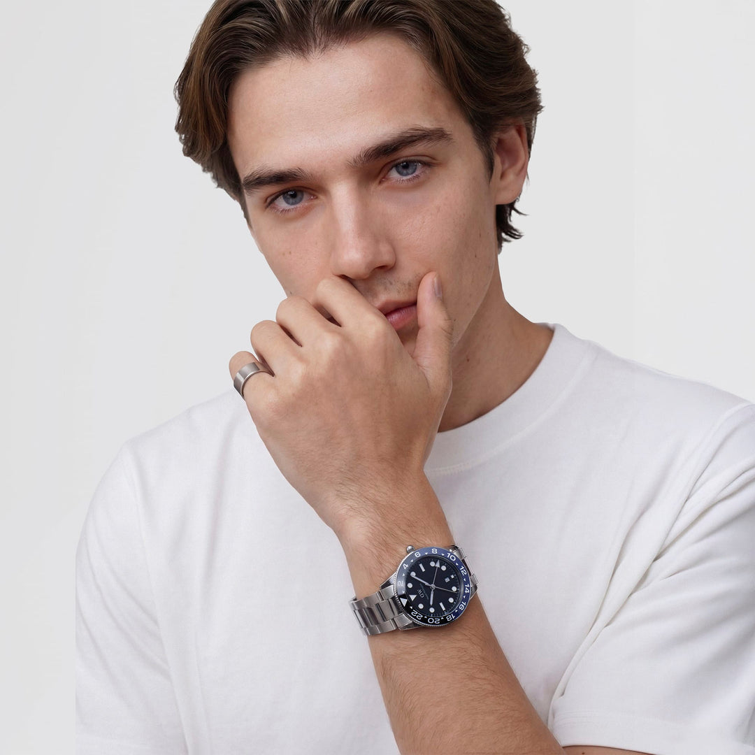 Daniel Wellington Iconic GMT Link Black Blue Ceramic Bezel Silver | The Jewellery Boutique