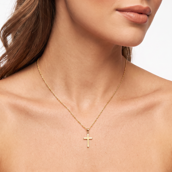 9K Yellow Gold 15mm x 25mm Cross "Prince of Wales" Chain Necklace worn on model