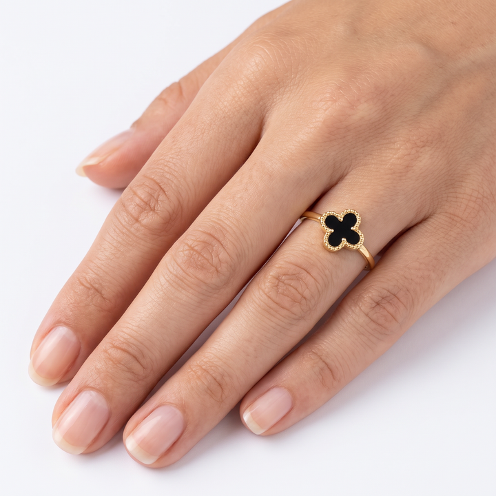 9K Yellow Gold Black Onyx Clover Ring worn on hand