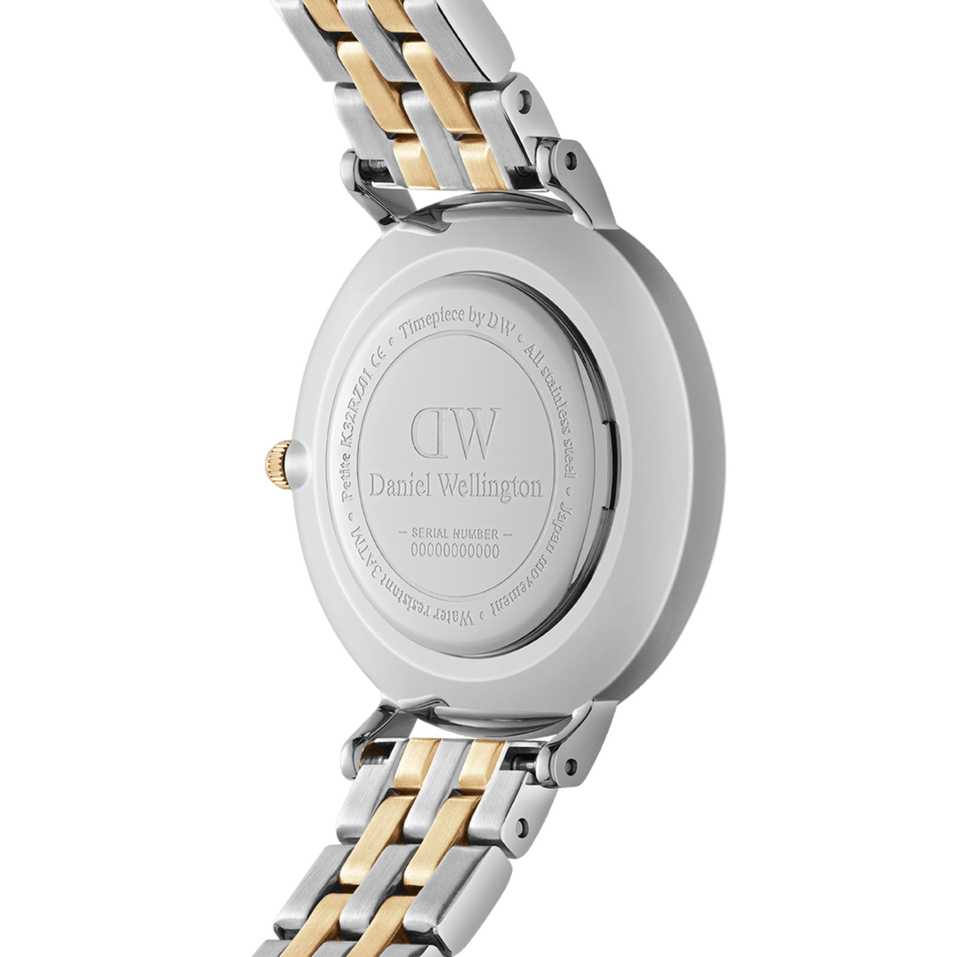 Daniel Wellington Petite 28 Bezel 5-Link White Mother of Pearl Two-Tone Gold & Silver Watch