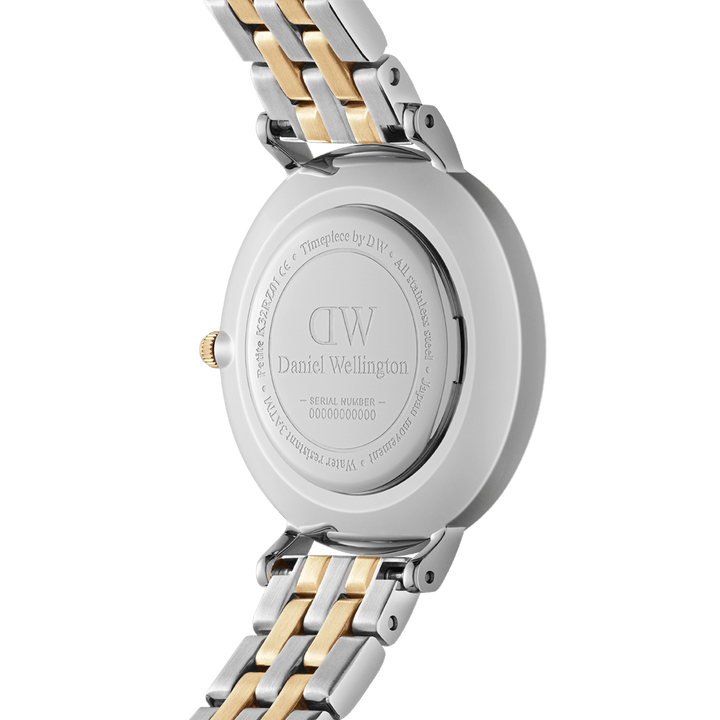 Daniel Wellington Petite 28 Bezel 5-Link White Mother of Pearl Two-Tone Gold & Silver Watch