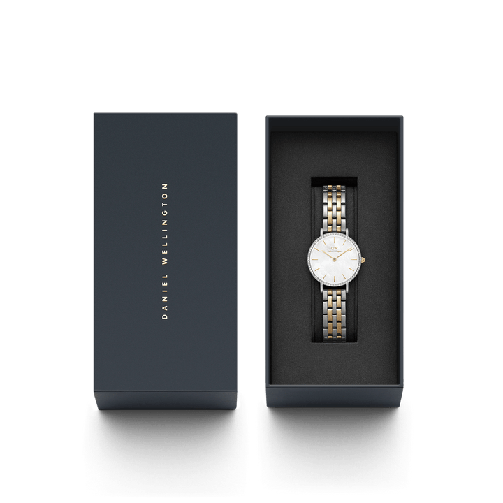 Daniel Wellington Petite 28 Bezel 5-Link White Mother of Pearl Two-Tone Gold & Silver Watch