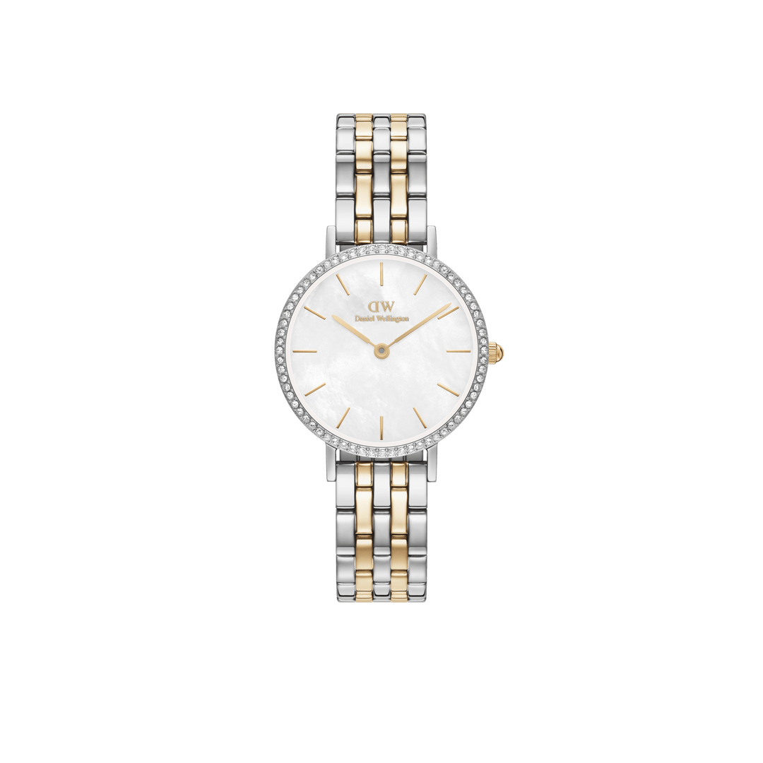 Daniel Wellington Petite 28 Bezel 5-Link White Mother of Pearl Two-Tone Gold & Silver Watch