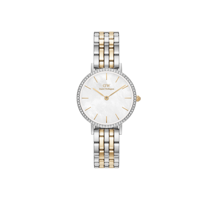 Daniel Wellington Petite 28 Bezel 5-Link White Mother of Pearl Two-Tone Gold & Silver Watch