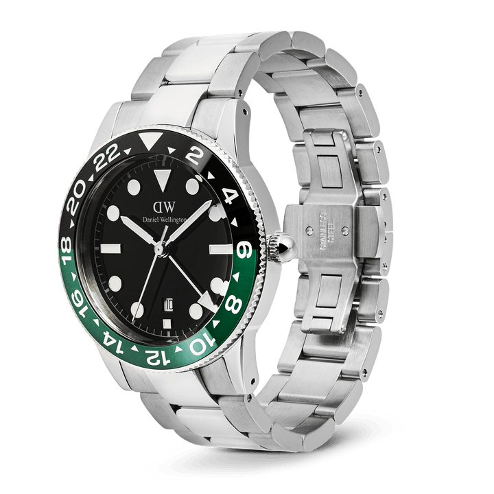 Daniel Wellington Iconic GMT Link Black Green Ceramic Bezel Silver | The Jewellery Boutique