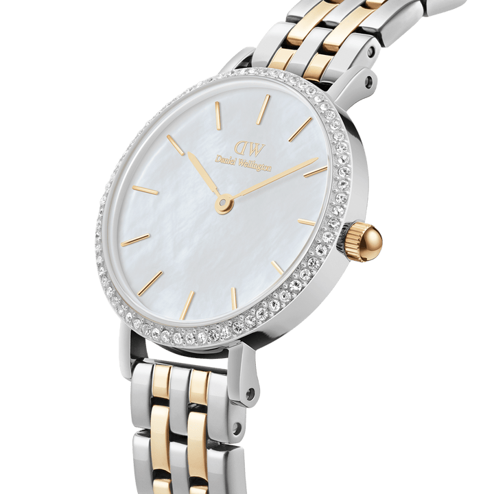Daniel Wellington Petite 28 Bezel 5-Link White Mother of Pearl Two-Tone Gold & Silver Watch