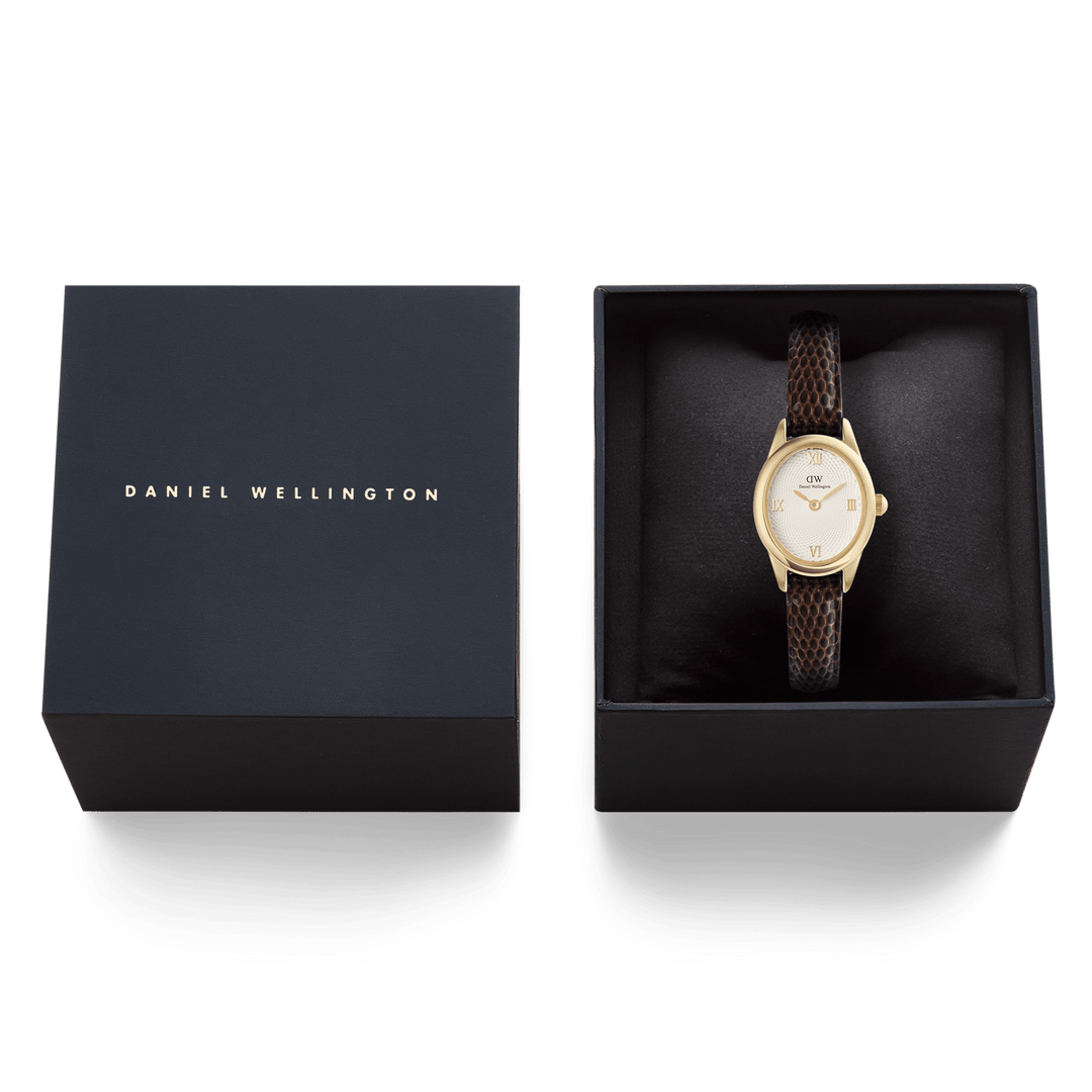 Daniel Wellington Ophelia Mini Dark Brown Lizard White GuillochÃ© Gold | The Jewellery Boutique