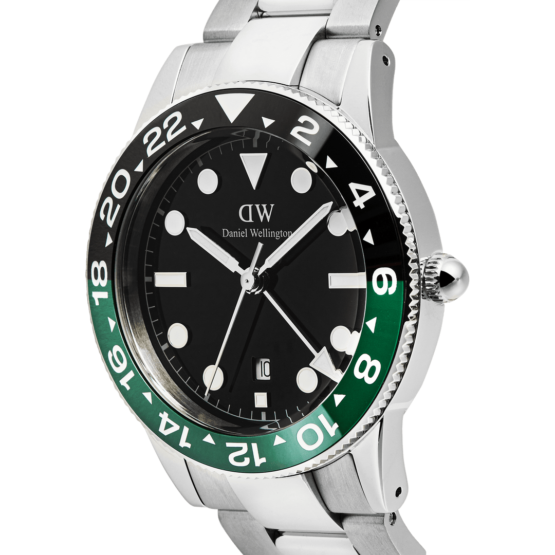 Daniel Wellington Iconic GMT Link Black Green Ceramic Bezel Silver | The Jewellery Boutique