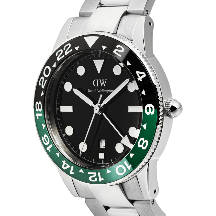 Daniel Wellington Iconic GMT Link Black Green Ceramic Bezel Silver | The Jewellery Boutique