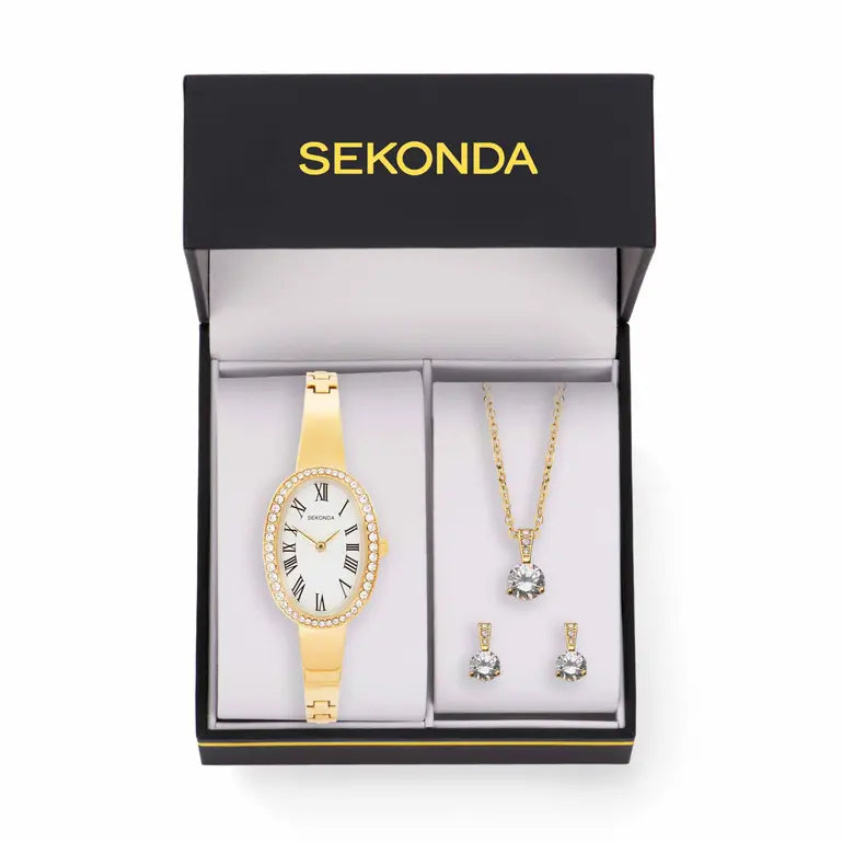 Sekonda Bellamy Crystal White Dial 23mm Womens Watch Gift Set Gold