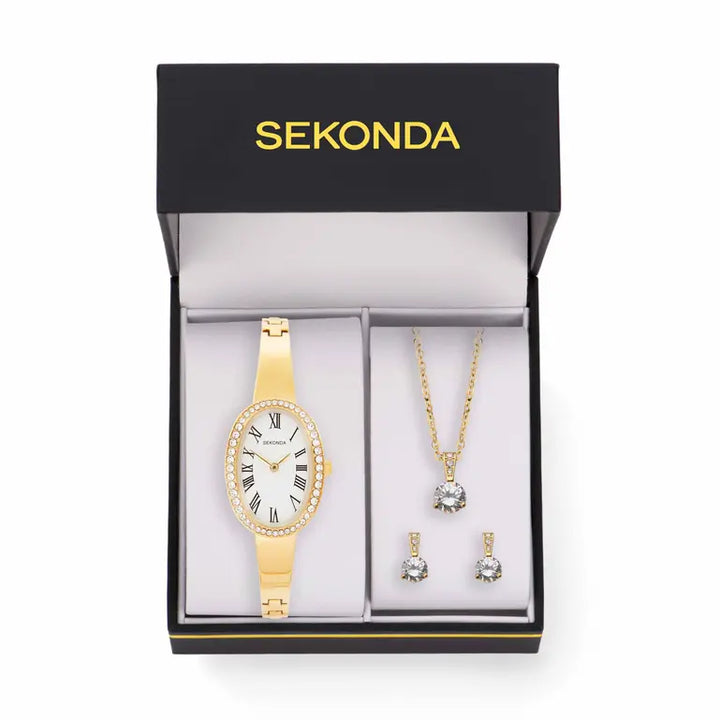 Sekonda Bellamy Crystal White Dial 23mm Womens Watch Gift Set Gold