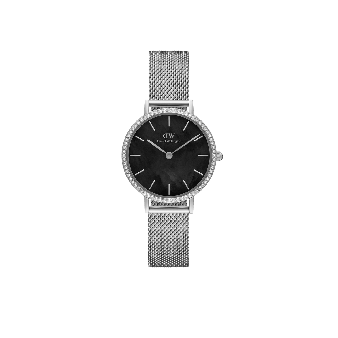 Daniel Wellington Petite 28 Bezel Mesh Black Mother of Pearl Silver Watch