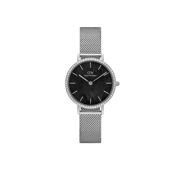 Daniel Wellington Petite 28 Bezel Mesh Black Mother of Pearl Silver Watch