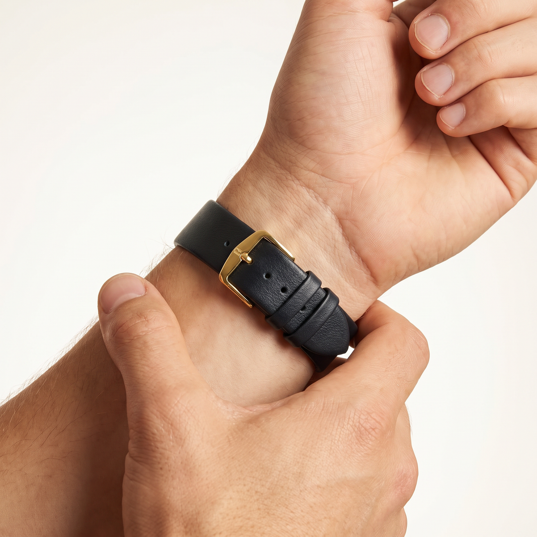 Hirsch Toronto Black Fine-Grained Leather Watch Band worn on wrist with gold buckle