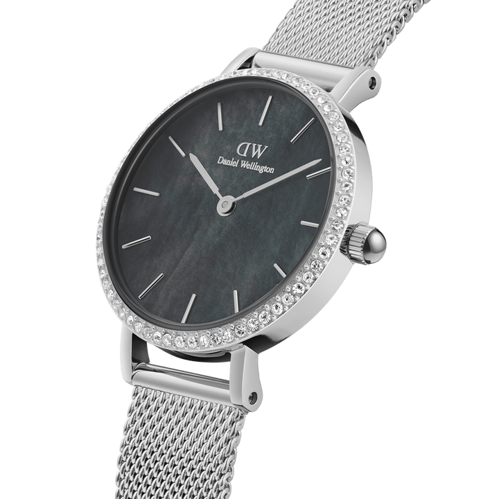 Daniel Wellington Petite 28 Bezel Mesh Black Mother of Pearl Silver Watch