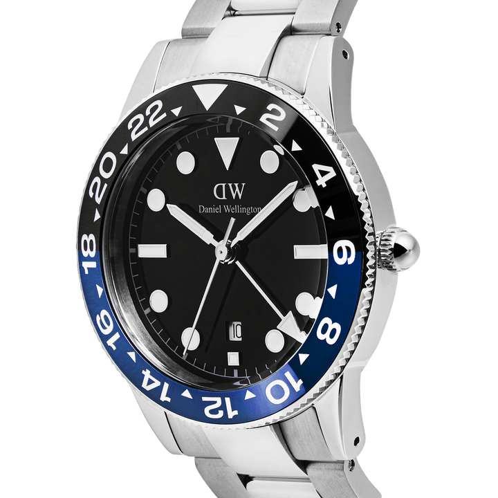 Daniel Wellington Iconic GMT Link Black Blue Ceramic Bezel Silver | The Jewellery Boutique