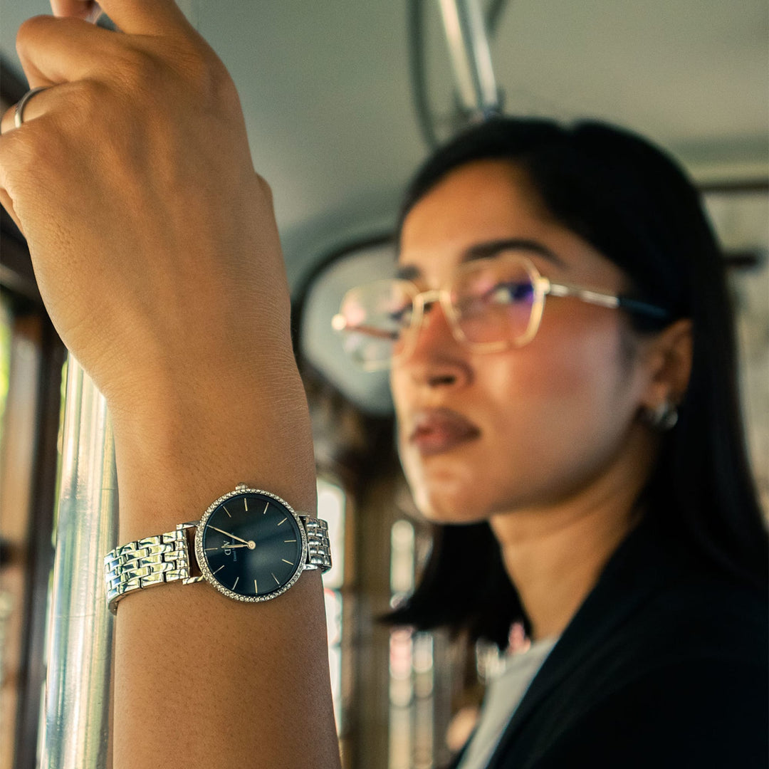 Daniel Wellington Petite 28 Bezel 5-Link Arctic Sunray Silver Watch