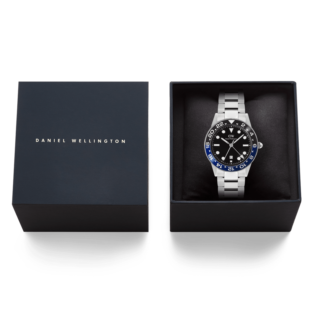 Daniel Wellington Iconic GMT Link Black Blue Ceramic Bezel Silver | The Jewellery Boutique