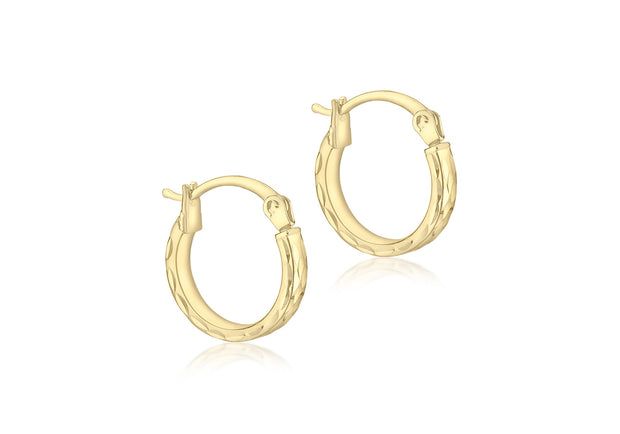 9K Yellow Gold Diamond Cut Hoop Earrings 10mm