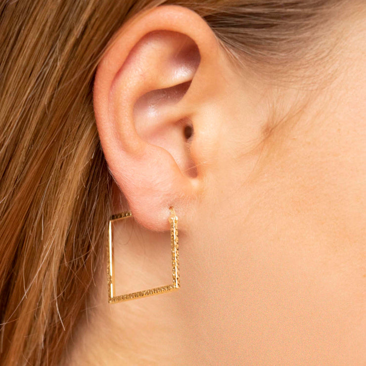 9K Yellow Gold 23mm x 23mm Diamond Cut Square Creole Earrings