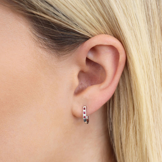 Ruby Diamond Huggie Earrings with 0.10ct Diamonds in 9K White Gold