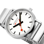Mondaine Official Classic 36mm Silver Stainless Steel watch close up