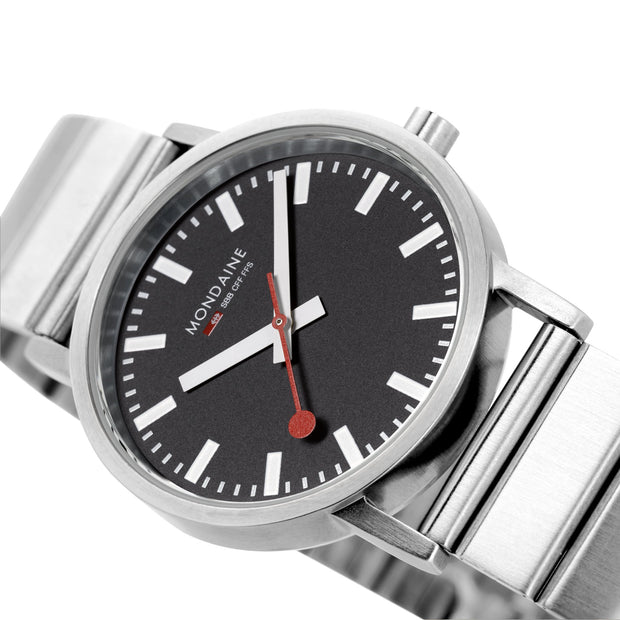 Mondaine Official Classic 40mm Silver Stainless Steel watch closeup