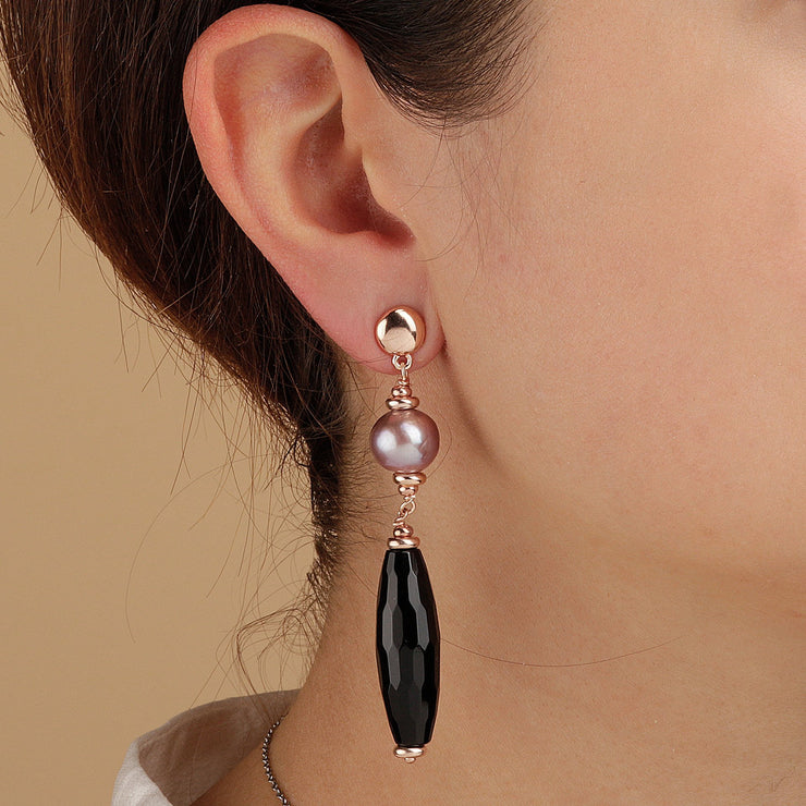 Bronzallure Black Onix and Rose Ming Pearl Dangle Earrings