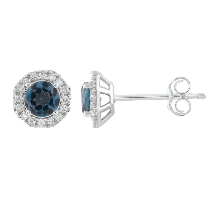 London Blue Topaz Earrings with 0.2ct Diamonds in 9K White Gold