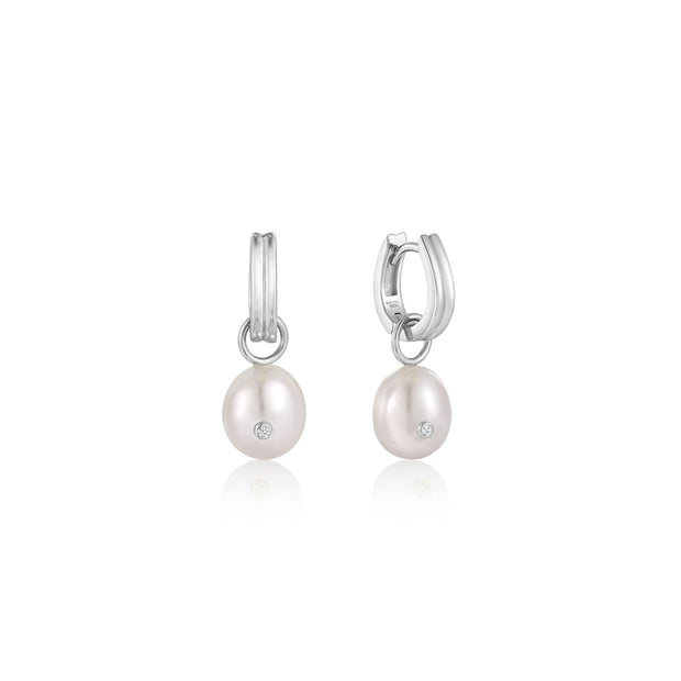 Ania Haie Silver Pearl Drop Sparkle Huggie Hoop Earrings  | The Jewellery Boutique