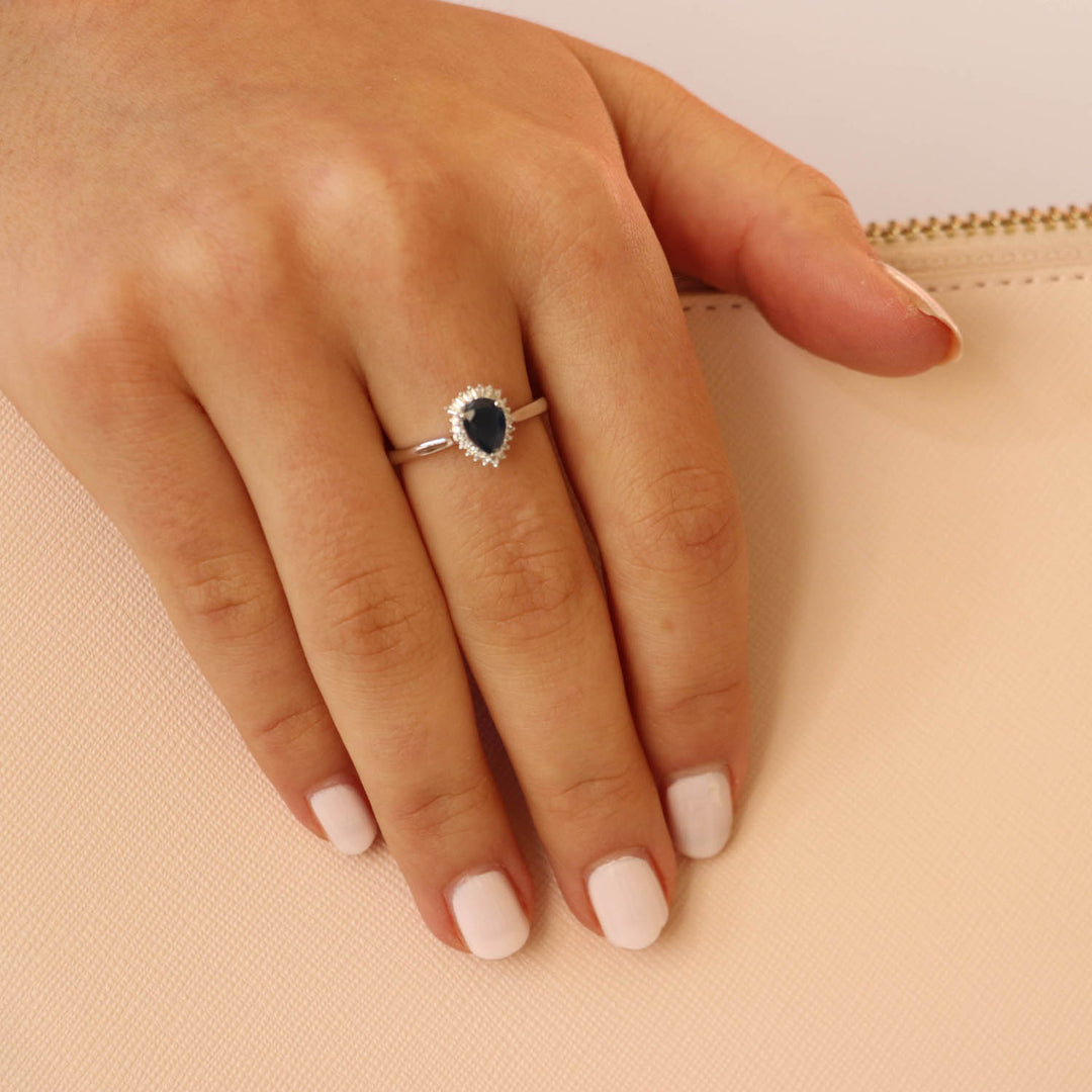 Pear Sapphire Ring with 0.08ct Diamonds in 9K White Gold