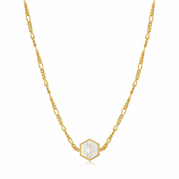 Compass Emblem Gold Figaro Chain Necklace