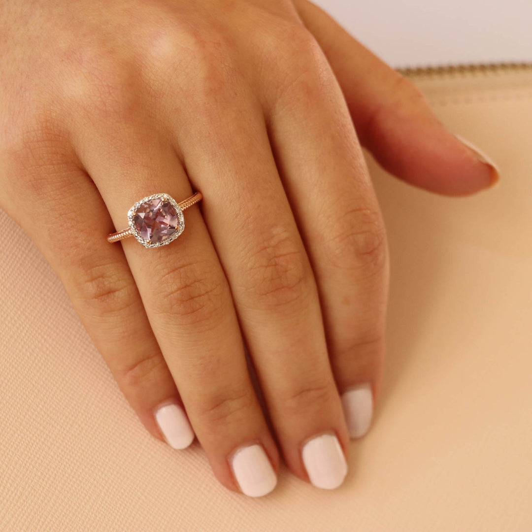 Pink Amethyst Ring with 0.05ct Diamonds in 9K Rose Gold