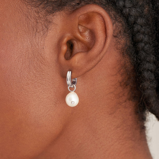 Ania Haie Silver Pearl Drop Sparkle Huggie Hoop Earrings  | The Jewellery Boutique