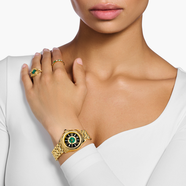 THOMAS SABO Mystic Island Watch with white stones and green malachite gold plated