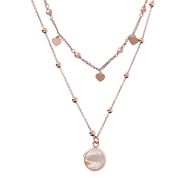 Bronzallure Two Strands Necklace with Natural Stone and Golden Rose Hearts