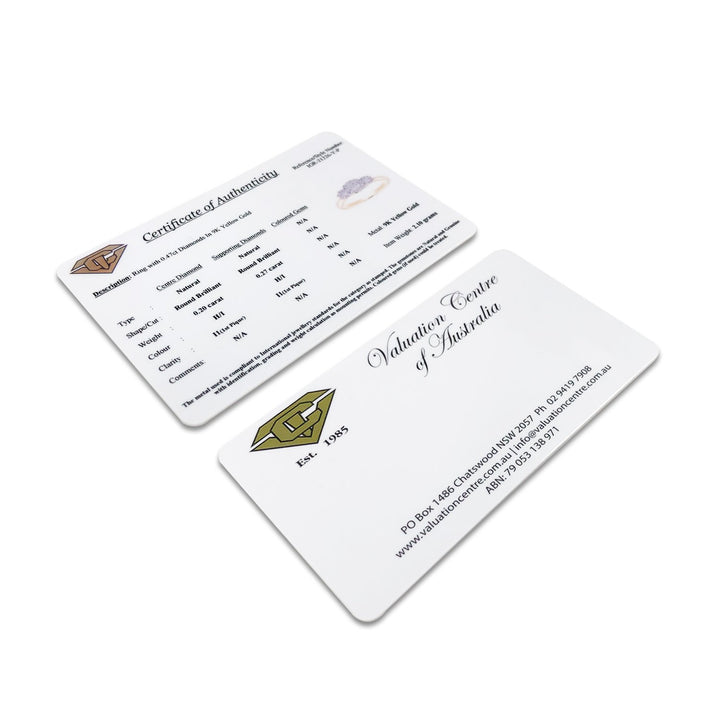 Diamond valuation card for Engagement & Wedding Ring Set with 1ct Diamonds in 18K Yellow Gold