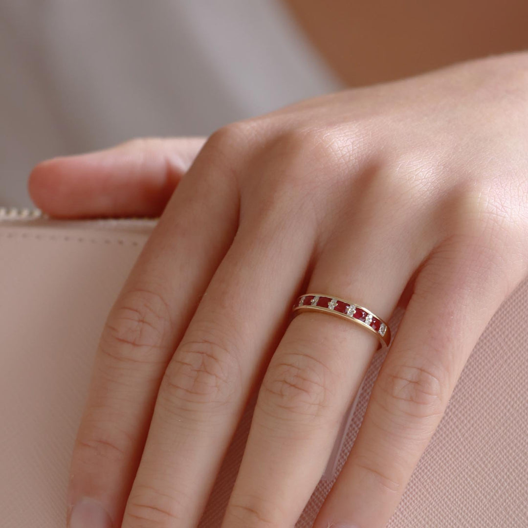 Ruby Band Ring with 0.1ct Diamonds in 9K Yellow Gold